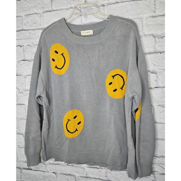 By Together women's smiley face gray yellow pullover crew cotton sweater small - Picture 4 of 7